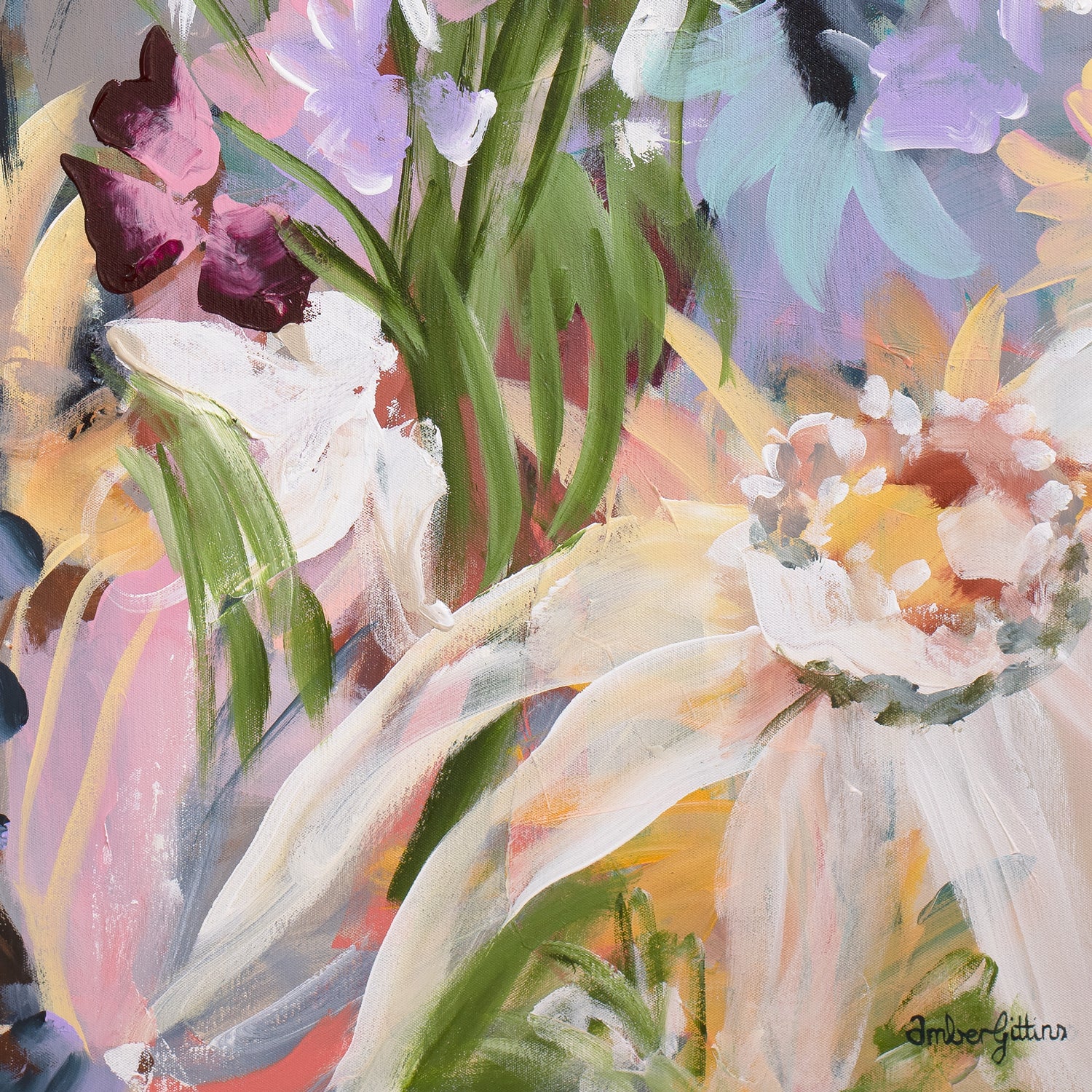 Colorful abstract painting of flowers and leaves