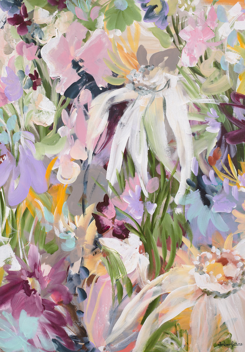 Pretty feminine abstract flower canvas wall art print in pastel shades of pink, purple, spearmint and green. Modern and colourful flower garden print.