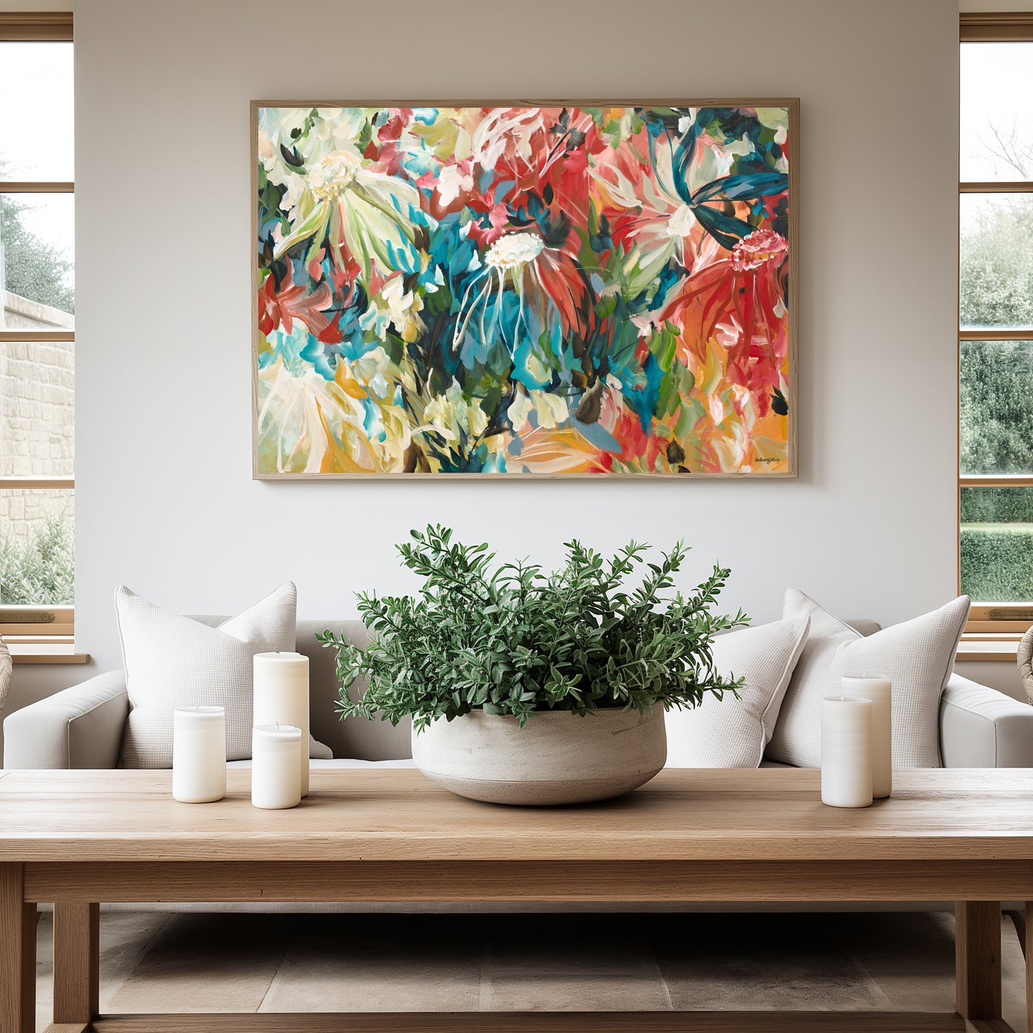 Bold and bright colourful abstract wild flower canvas art print in reds, turquoise and ochre yellows in a natural frame. Hanging in a modern living room.