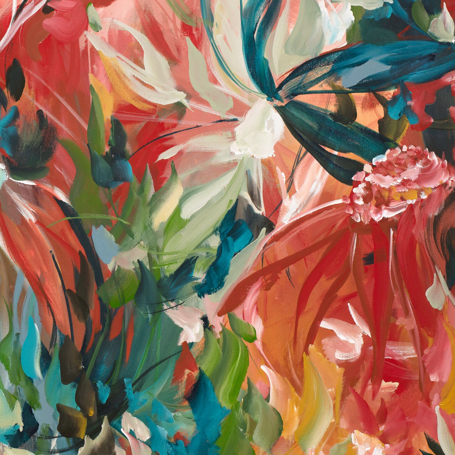 Modern abstract flower art print in a colourful and bright palette of reds, turquoise, greens and warm yellows. Expressive and contemporary style of artwork. Close up cropped section of artwork.