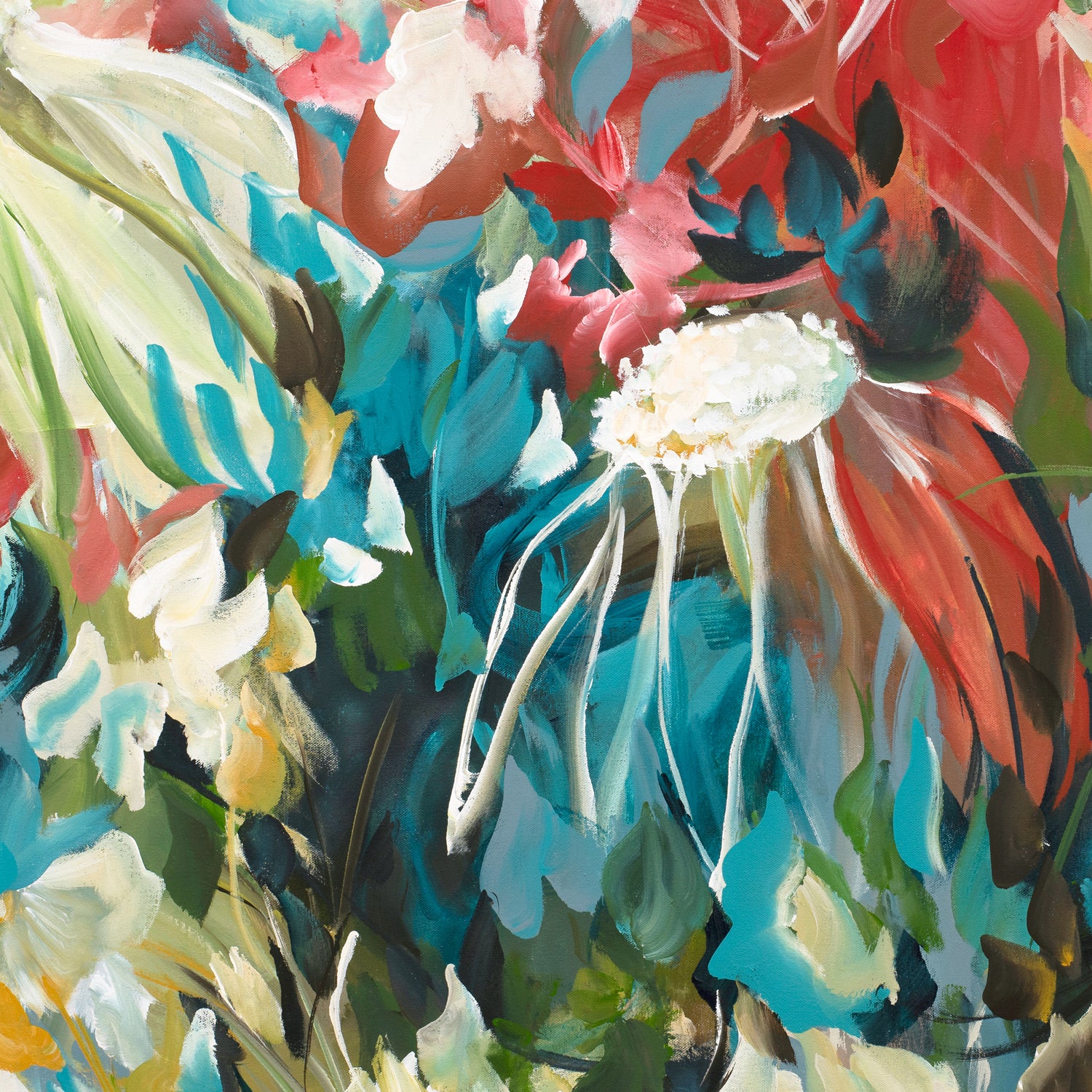 Modern abstract flower art print in a colourful and bright palette of reds, turquoise, greens and warm yellows. Expressive and contemporary style of artwork. Close up cropped section of artwork.