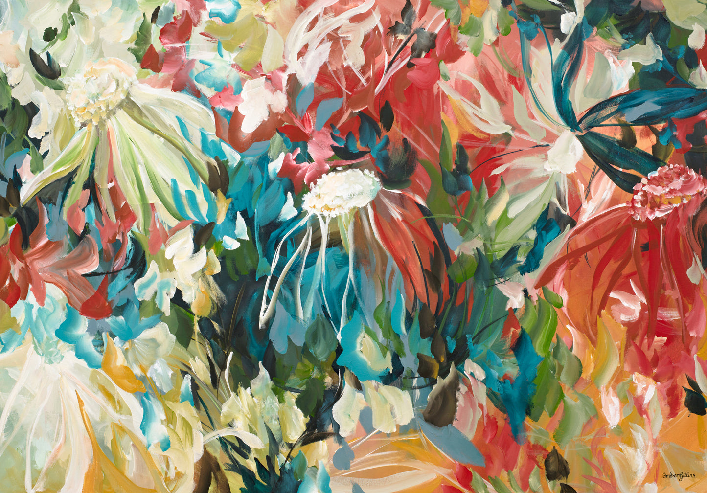 Modern abstract flower art print in a colourful and bright palette of reds, turquoise, greens and warm yellows. Expressive and contemporary style of artwork.