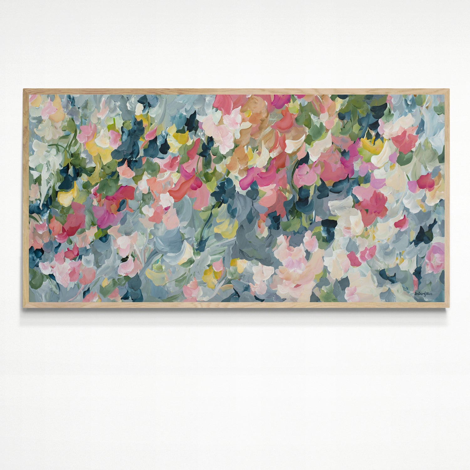 Modern impressionist style canvas print in greys and pinks. Depicting simplified petals and leaves falling to the ground. Framed print with a natural frame.