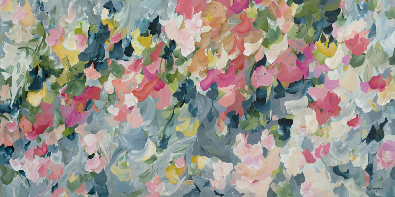 Contemporary impressionist style abstract art print inspired by flower petals and organic shapes of a flower garden. Modern colour palette of blue grey, pink and green.