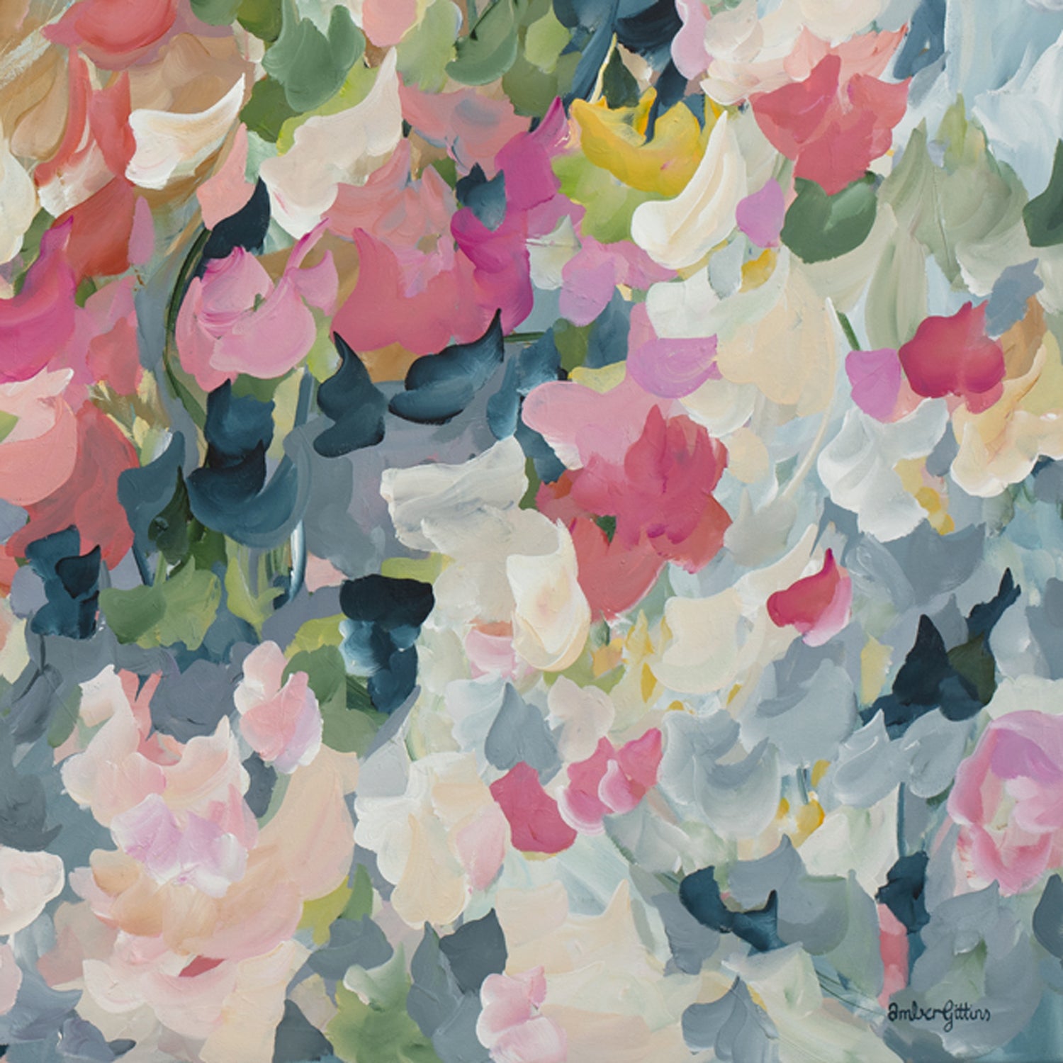 Contemporary impressionist style abstract art print inspired by flower petals and organic shapes of a flower garden. Modern colour palette of blue grey, pink and green. Cropped close up section.
