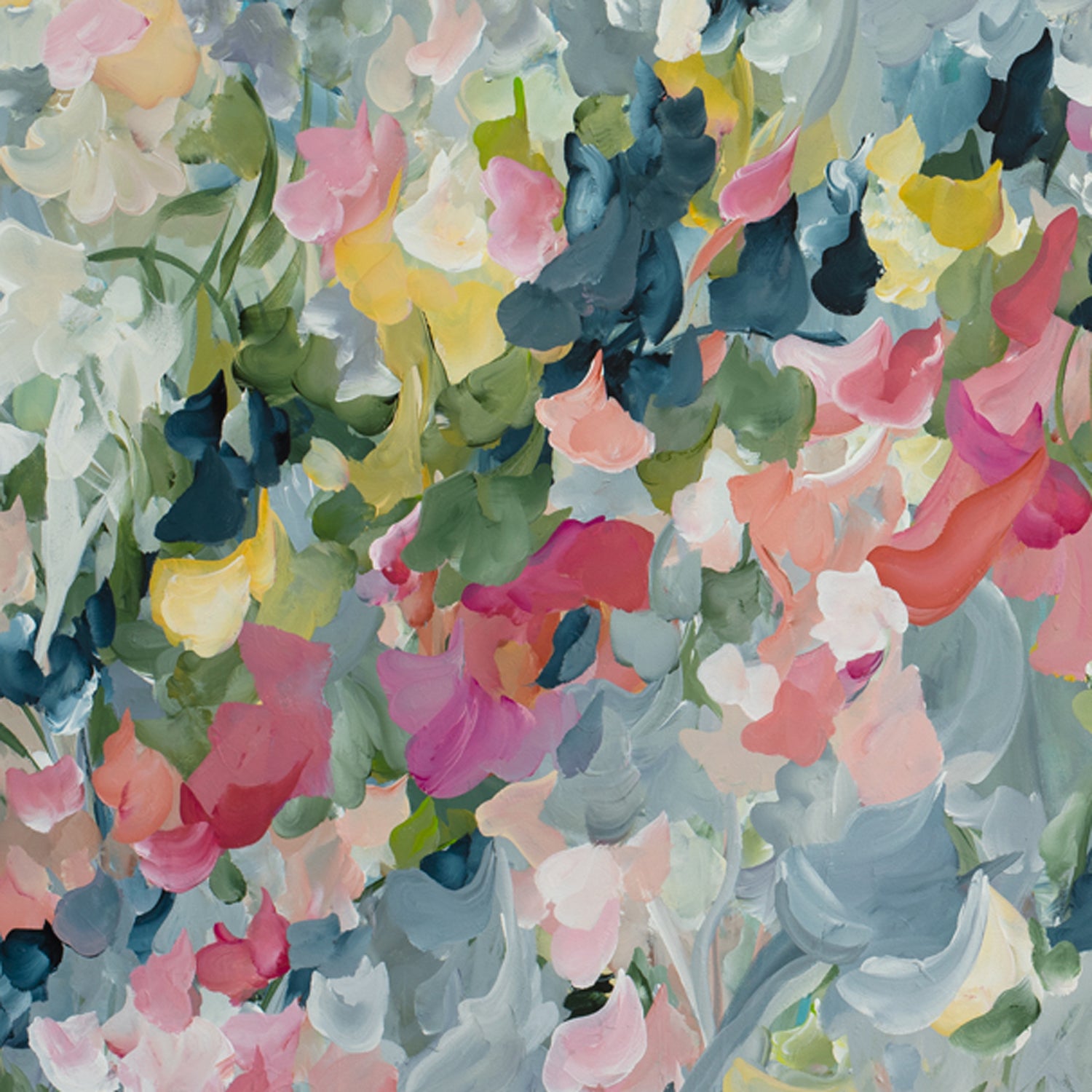 Contemporary impressionist style abstract art print inspired by flower petals and organic shapes of a flower garden. Modern colour palette of blue grey, pink and green. Cropped close up section.