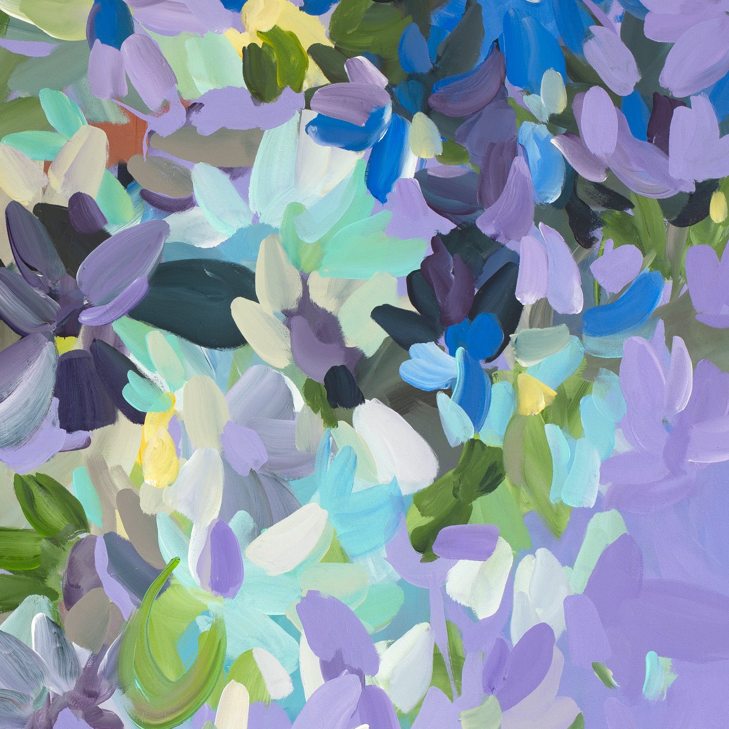 Colourful modern impressionist style abstract flower art print in purple, spearmint and yellow. Close up cropped section of artwork.