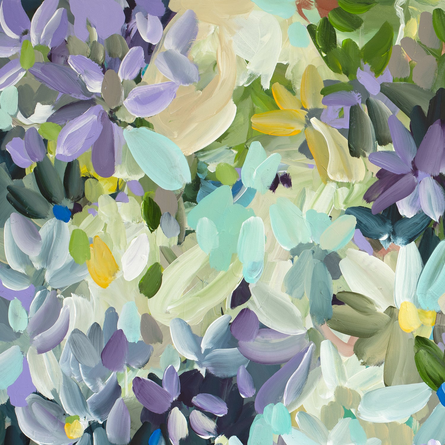 Colourful modern impressionist style abstract flower art print in purple, spearmint and yellow. Close up cropped section of artwork.