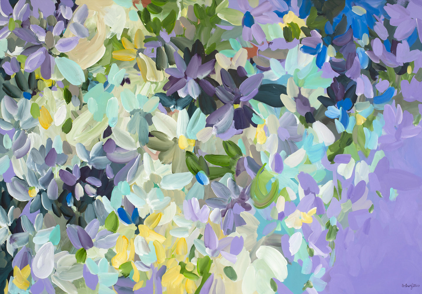 Colourful modern impressionist style abstract flower art print in purple, spearmint and yellow.