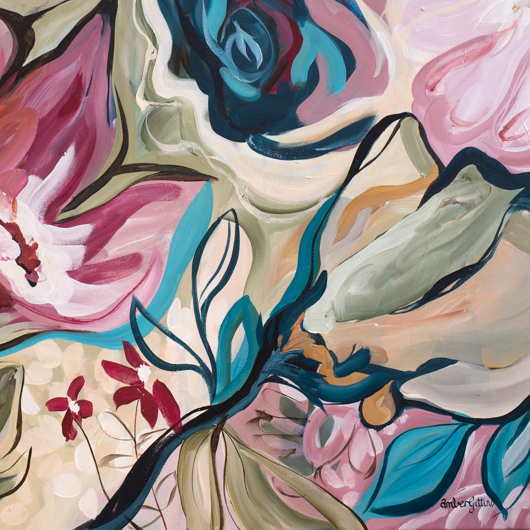 Abstract floral art print with pink, blue, and green colors on a beige background.