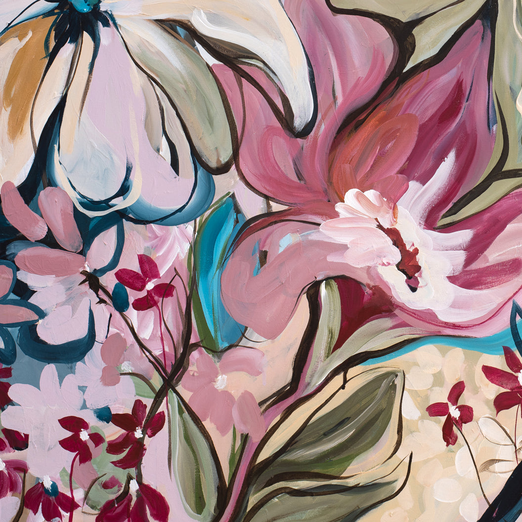 Colorful floral art print with pink, blue, and green flowers on a beige background