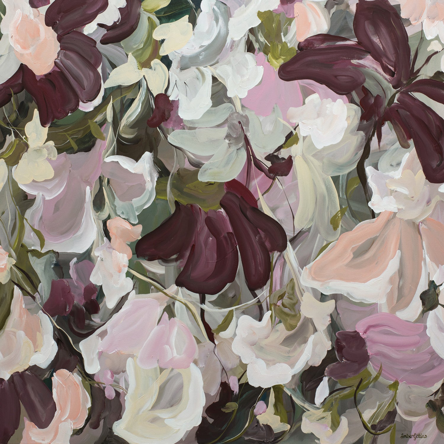 Modern abstract flower painting in pinks, moss green and burgundy.