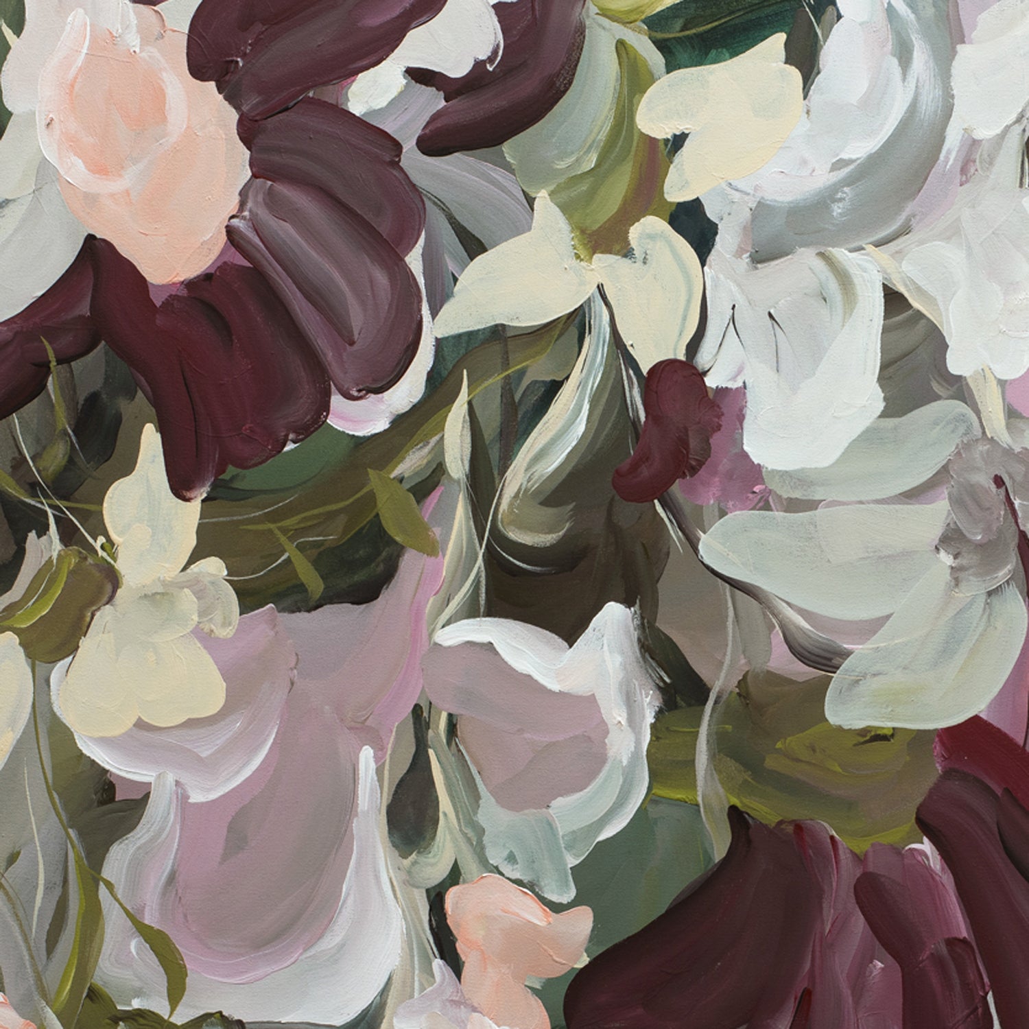 Modern abstract flower painting in pinks, moss green and burgundy. close up cropped section