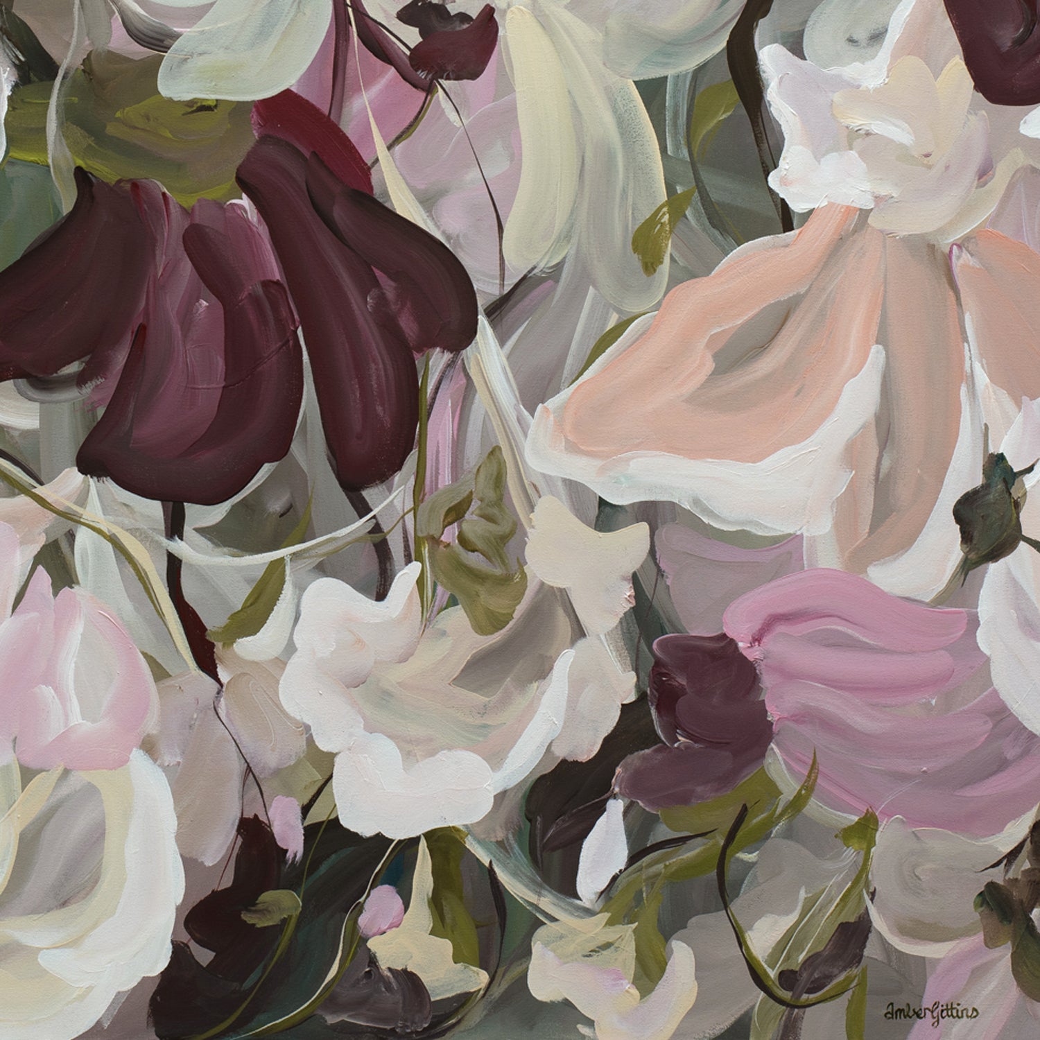 Modern abstract flower painting in pinks, moss green and burgundy. close up cropped section