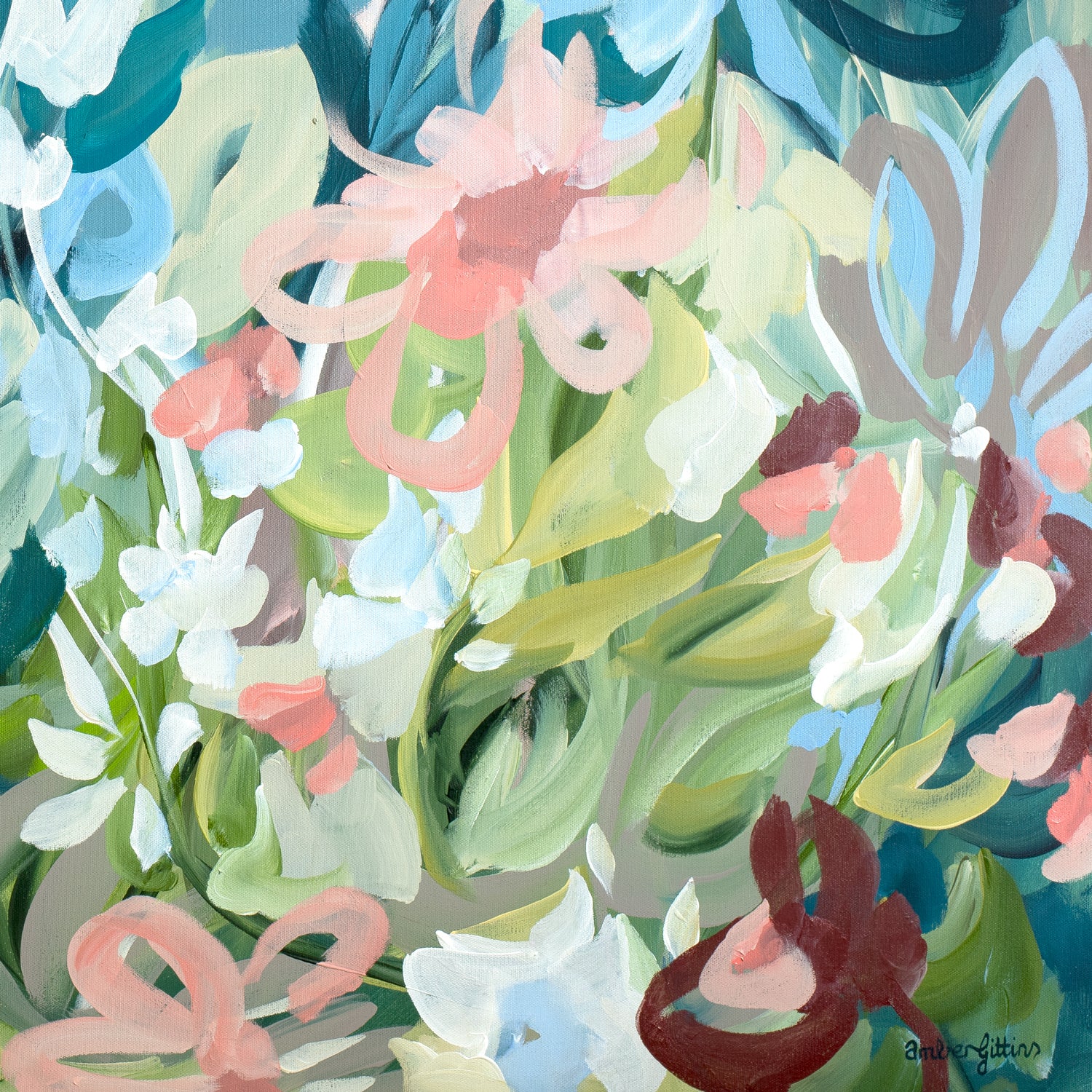 Wall art print of a modern, colourful abstract flower garden in pastel shades of pink, baby blue, green and turquoise. Cropped close up section.