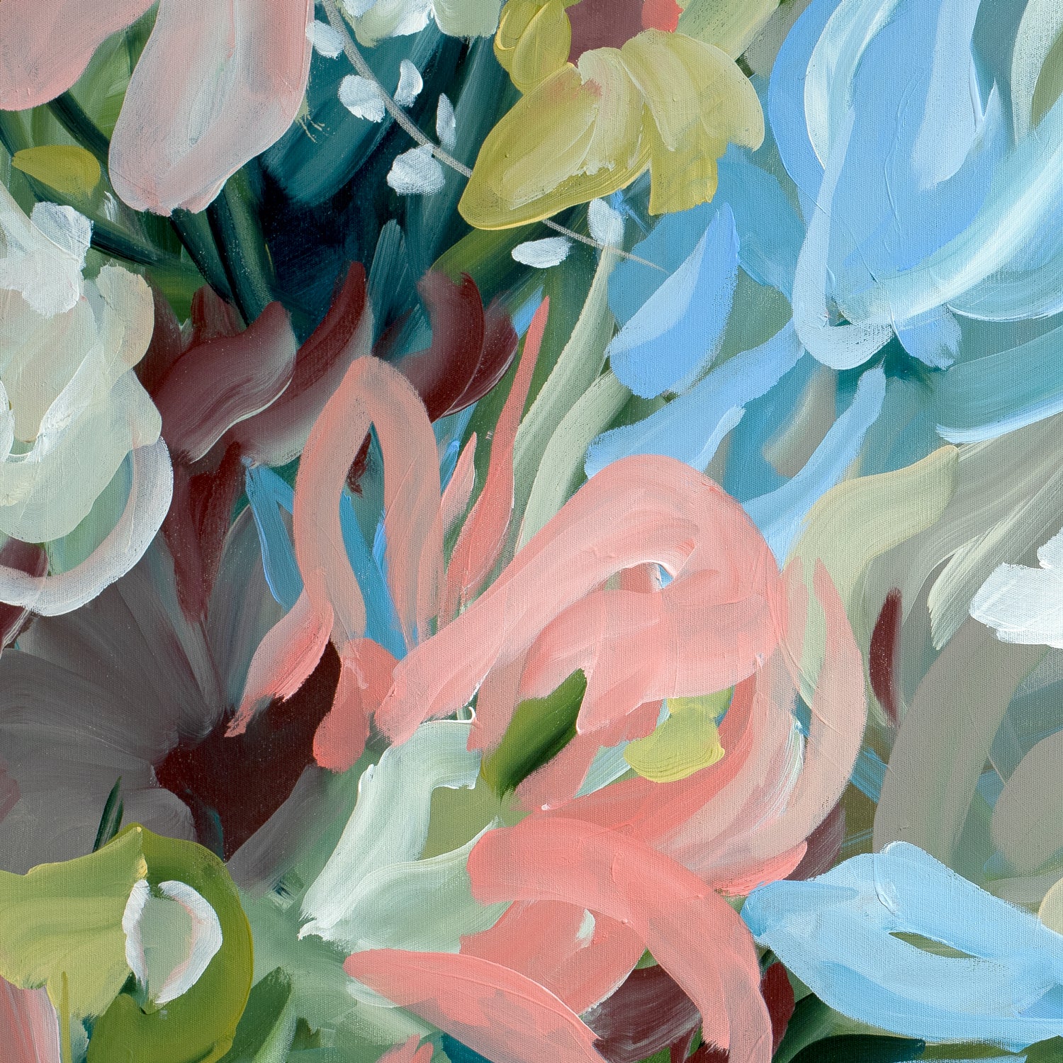 Wall art print of a modern, colourful abstract flower garden in pastel shades of pink, baby blue, green and turquoise. Cropped close up section.