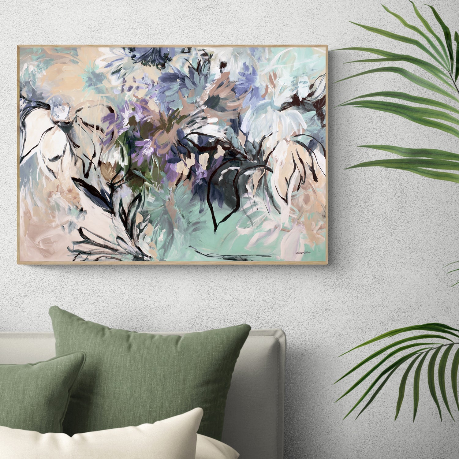 Contemporary abstract fine art print of a flower garden. Expressive style with linear flower shapes and simple solid flower petals in layers. Modern colours of spearmint, purple, beige and browns. Framed in a natural frame that is hanging against a modern bedroom wall.