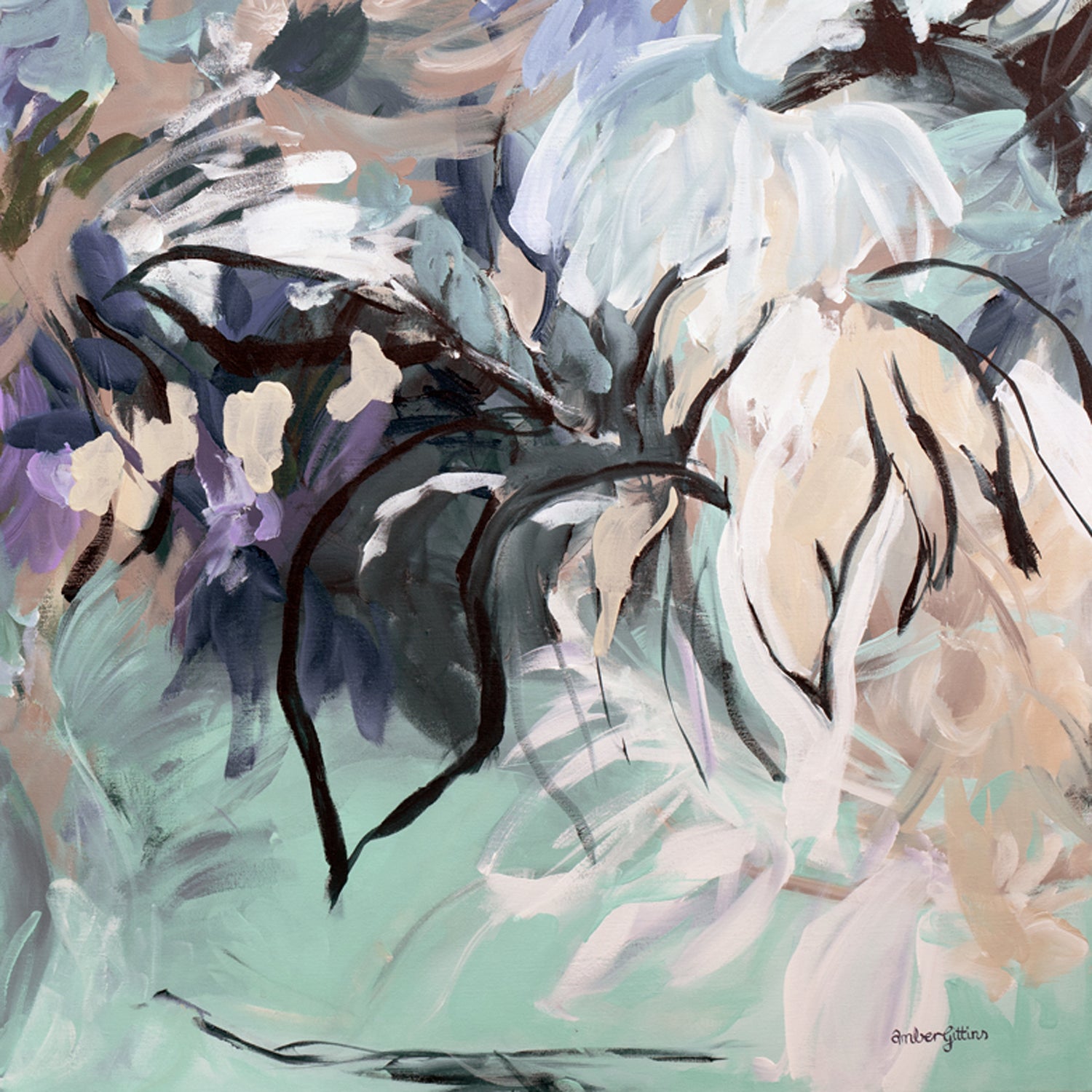 Contemporary abstract fine art print of a flower garden. Expressive style with linear flower shapes and simple solid flower petals in layers. Modern colours of spearmint, purple, beige and browns.  Cropped close up section of the wall art print.