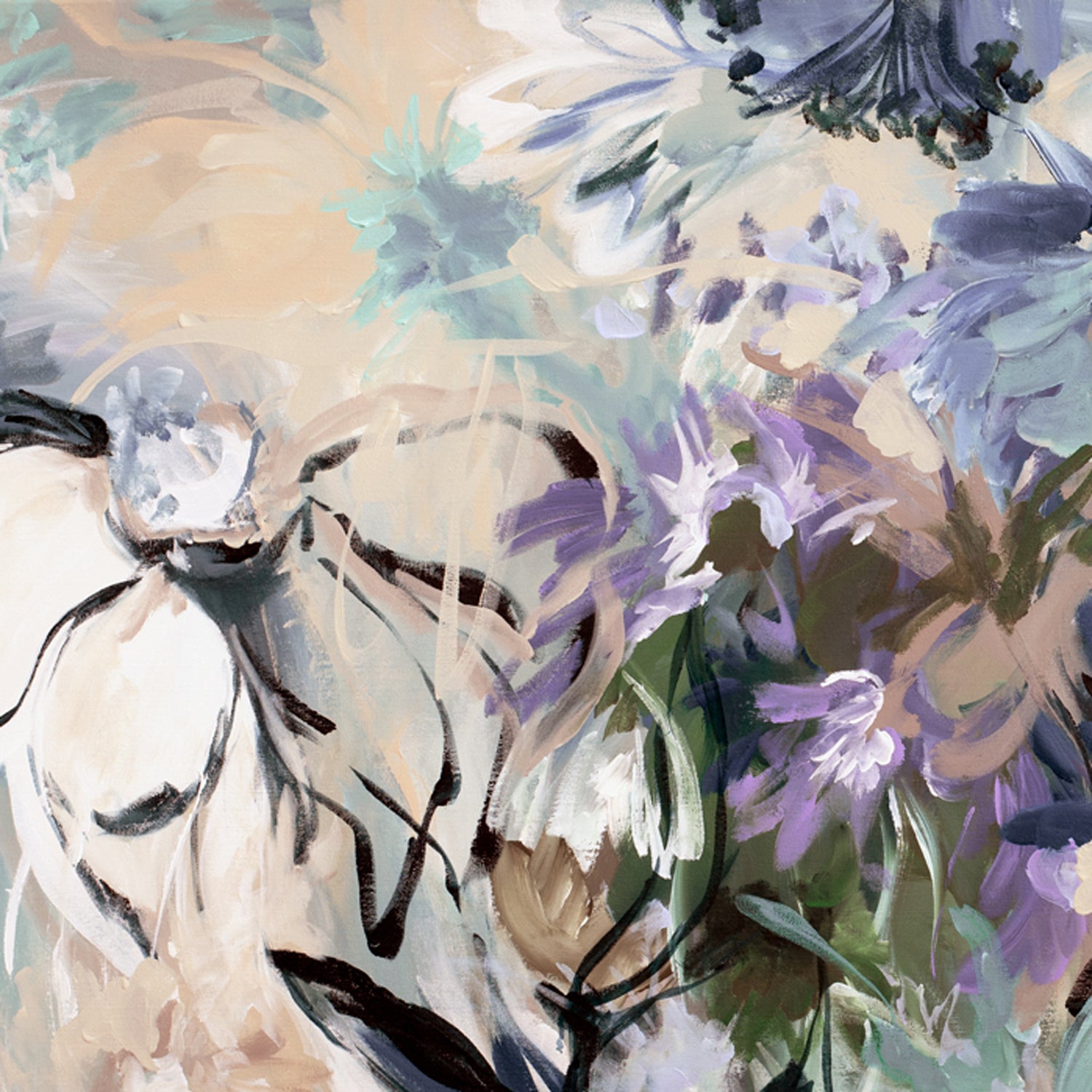 Contemporary abstract fine art print of a flower garden. Expressive style with linear flower shapes and simple solid flower petals in layers. Modern colours of spearmint, purple, beige and browns.  Cropped close up section of the wall art print.