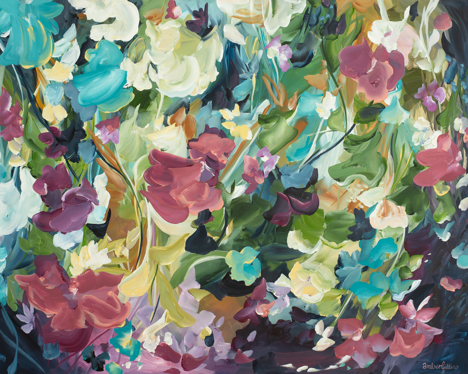 Colourful modern abstract floral wall art print. Expressionist contemporary style of floating flower petals and leaves.