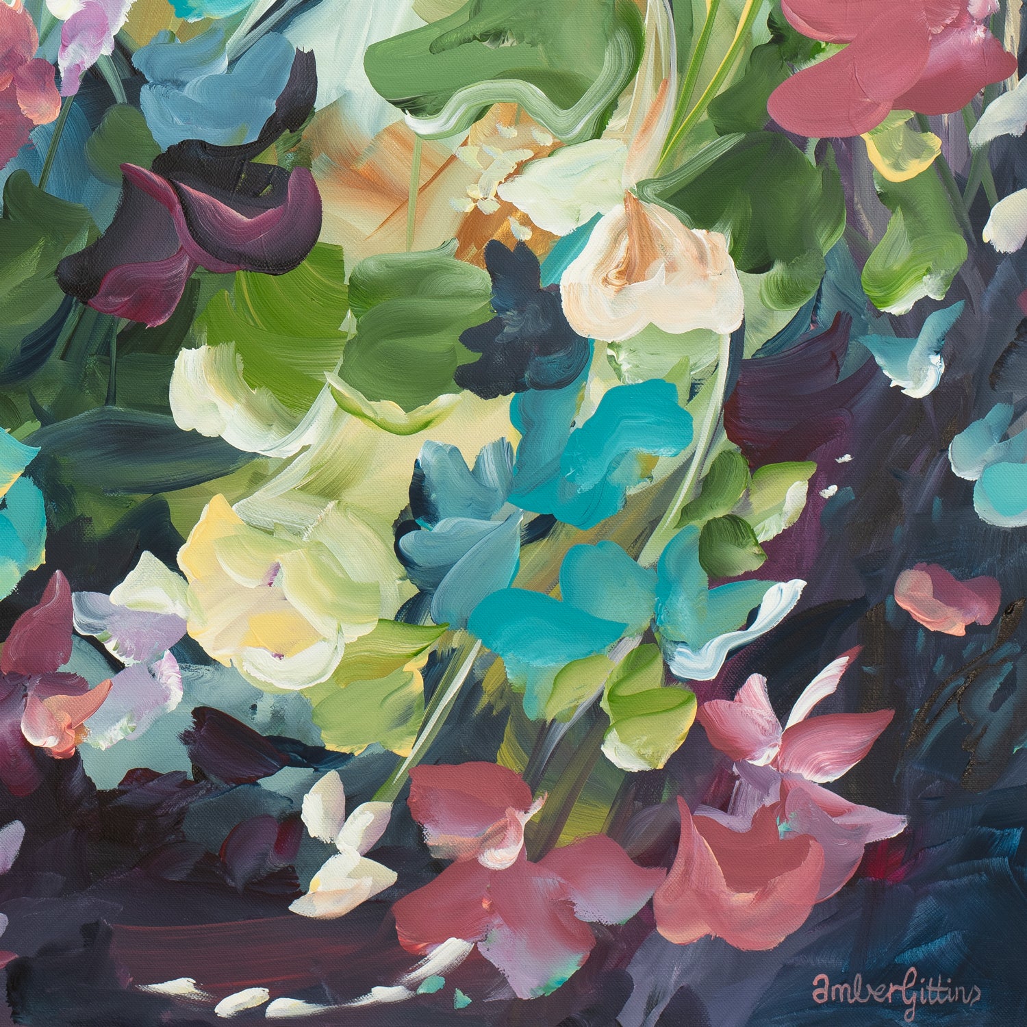 Colourful modern abstract floral wall art print. Expressionist contemporary style of floating flower petals and leaves. Cropped close up section.