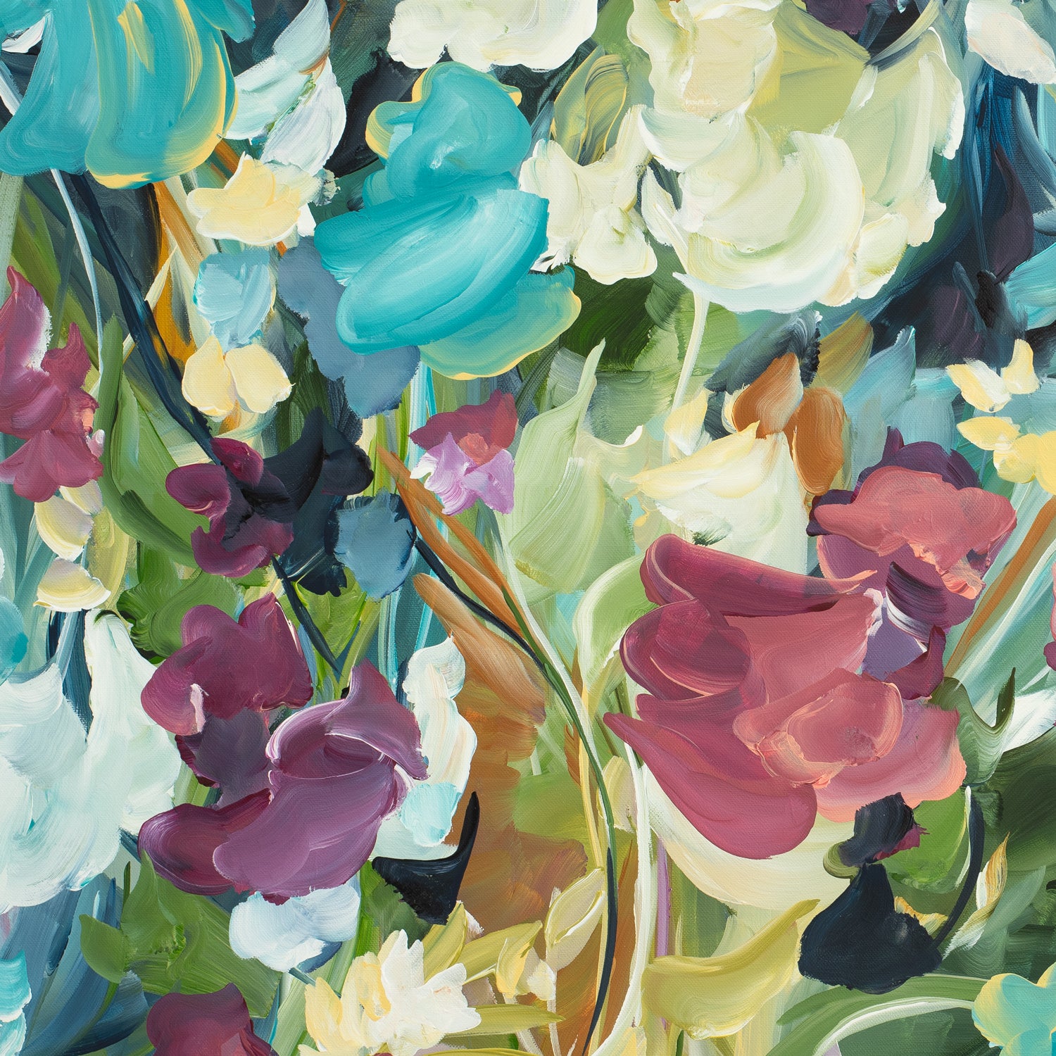 Colourful modern abstract floral wall art print. Expressionist contemporary style of floating flower petals and leaves. Cropped close up section.