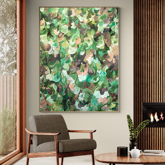 Extra large green and brown nature abstract original painting hanging in a modern living room with a wood fire.