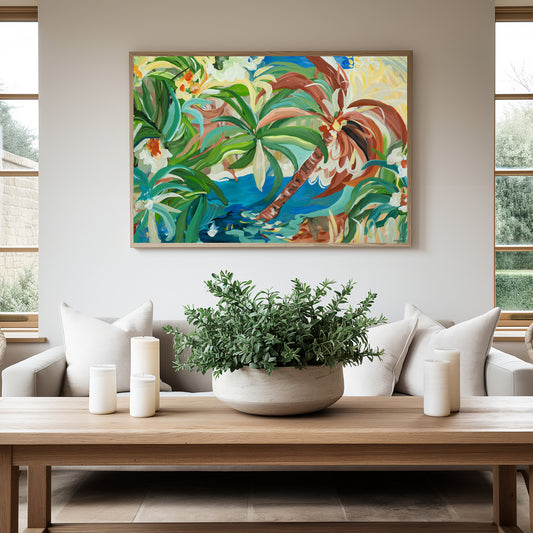 Colourful contemporary abstract tropical landscape with a palm tree and oasis. Fine art print hanging against a modern living room wall in a natural frame.