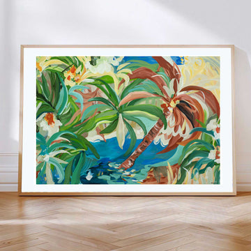 Colourful contemporary abstract tropical landscape with a palm tree and oasis. Fine art print leaning against a living room wall in a natural frame.