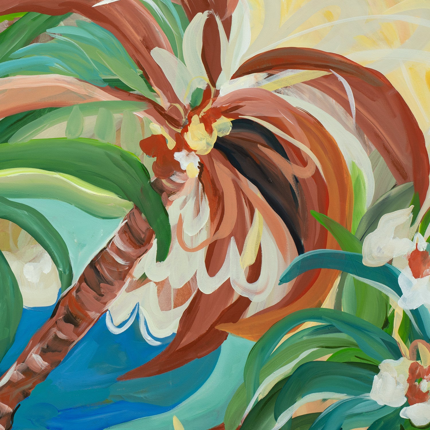 Colourful abstract canvas wall art print of a modern tropical oasis scene depicting palm trees, tropical flowers and water. Cropped close up section.