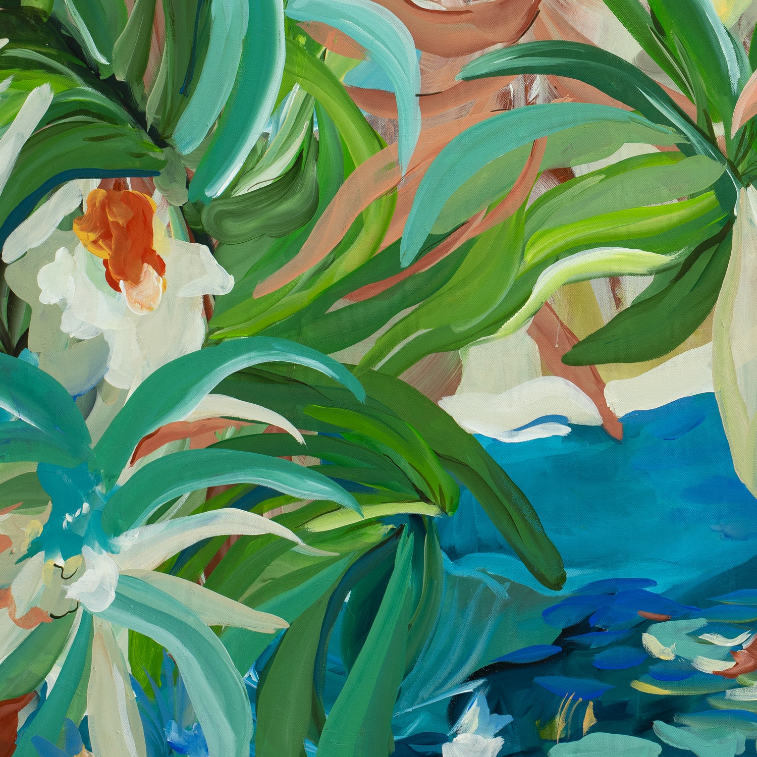 Colourful abstract canvas wall art print of a modern tropical oasis scene depicting palm trees, tropical flowers and water. Cropped close up section.