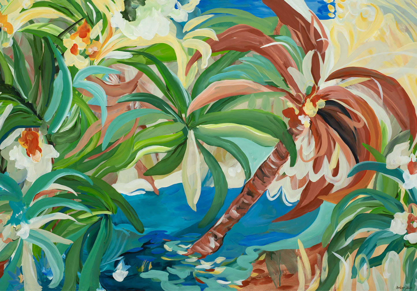 Colourful abstract canvas wall art print of a modern tropical oasis scene depicting palm trees, tropical flowers and water.