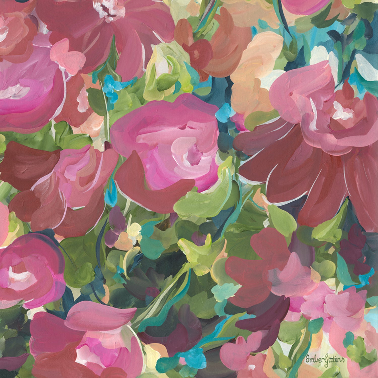 Colourful modern red and pink abstract botanical wall art print in a contemporary impressionist style. Cropped close up section of wall art print.