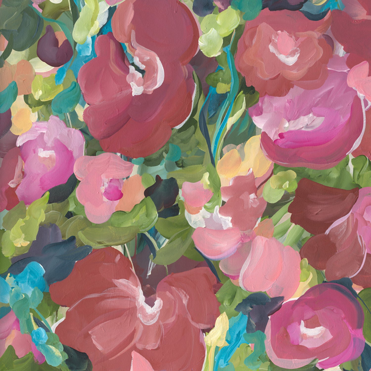 Colourful modern red and pink abstract botanical wall art print in a contemporary impressionist style. Cropped close up section of wall art print.