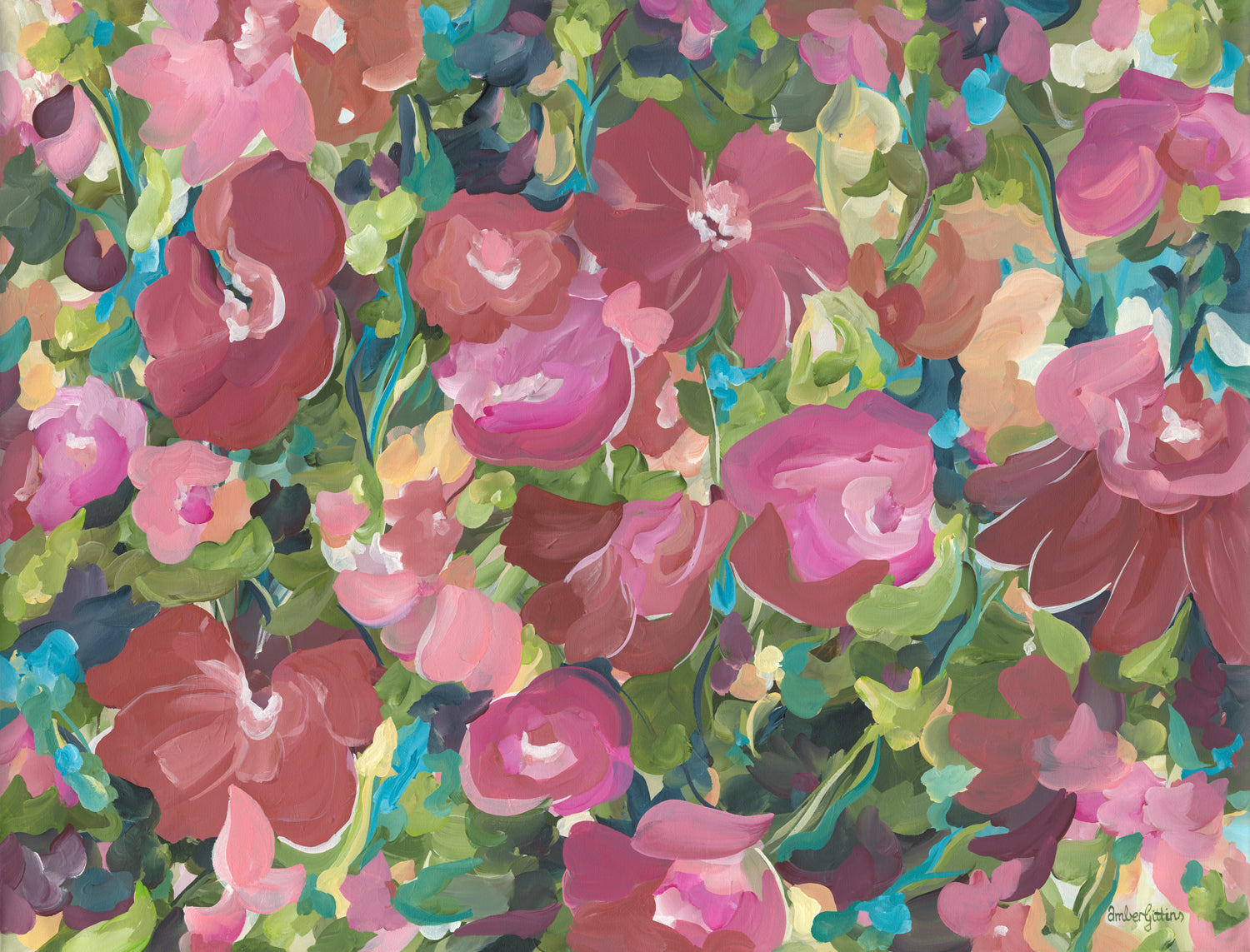 Colourful modern red and pink abstract botanical wall art print in a contemporary impressionist style.