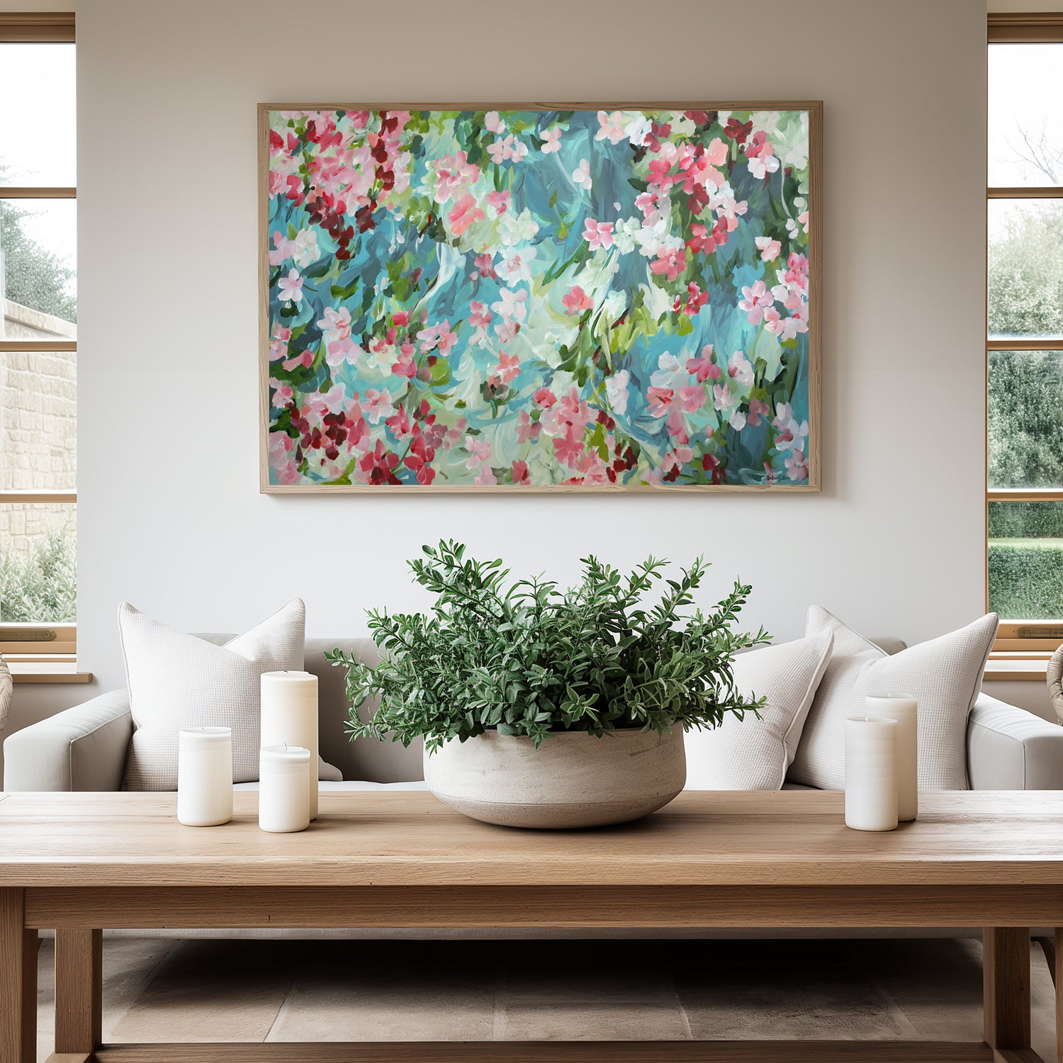 Japanese cherry blossom abstract flower  fine art canvas print hanging on a lounge room wall.