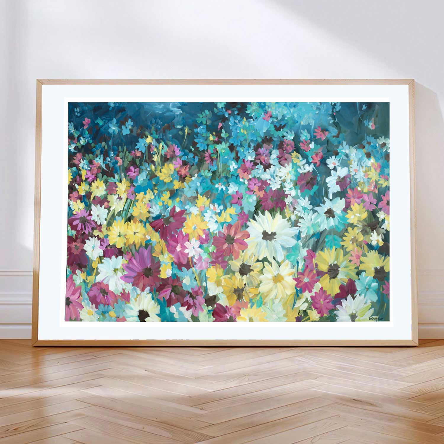 Colourful modern abstract flower fine art print of daisies in a field in a natural frame.