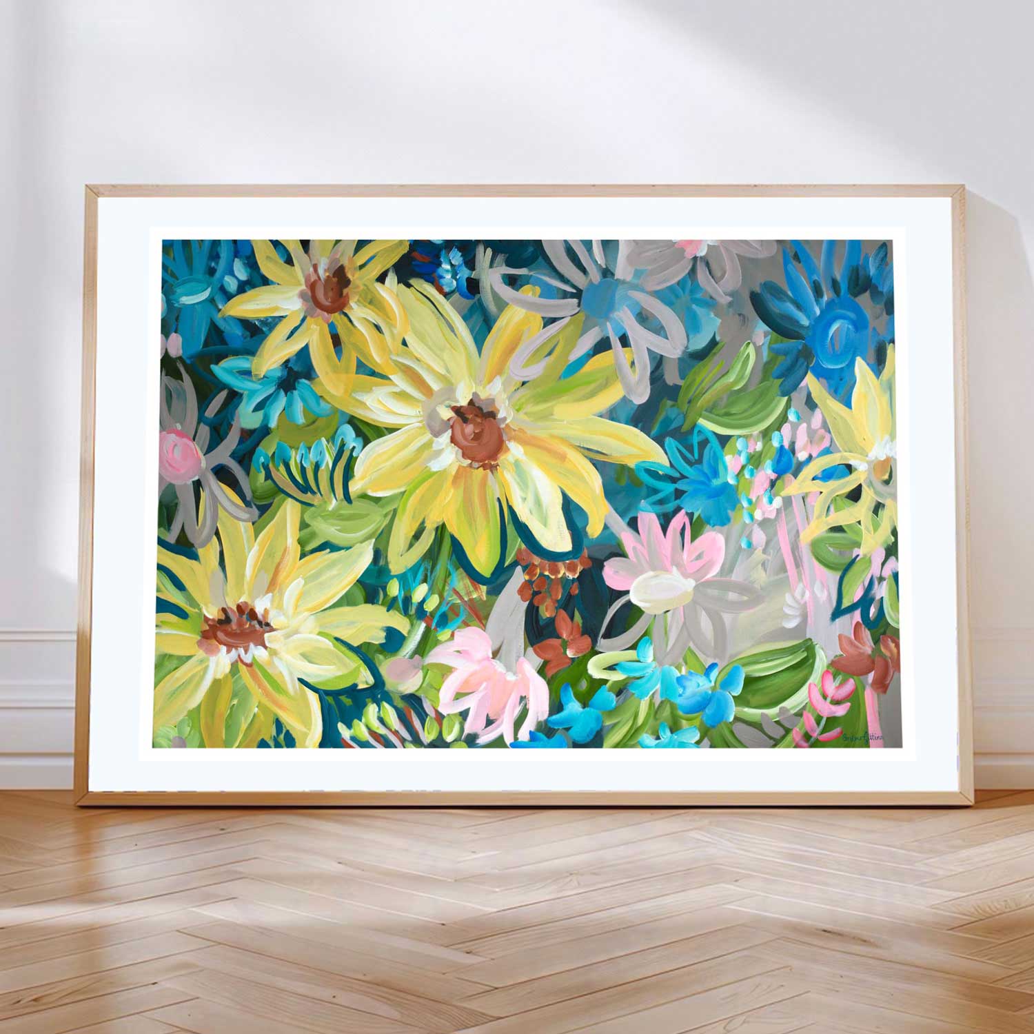 Colourful abstract flower wall art paper print with a big yellow sunflower in the middle.