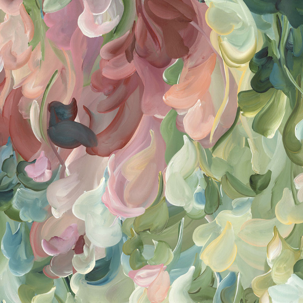 Modern impressionist abstract wall art print of organic round shapes layered like leaves and flower petals falling. Soft pastel green and pinks with pale yellow modern colour palette. Close up cropped section.