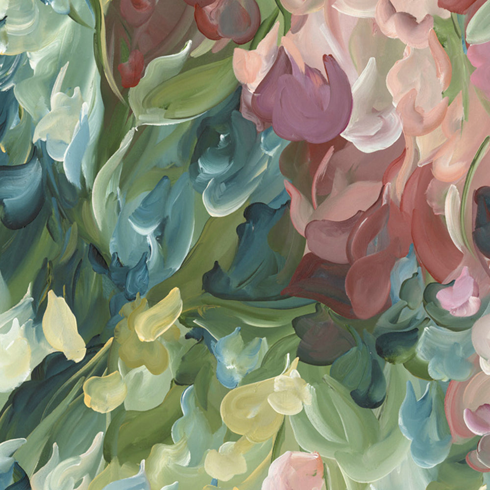 Modern impressionist abstract wall art print of organic round shapes layered like leaves and flower petals falling. Soft pastel green and pinks with pale yellow modern colour palette. Close up cropped section.