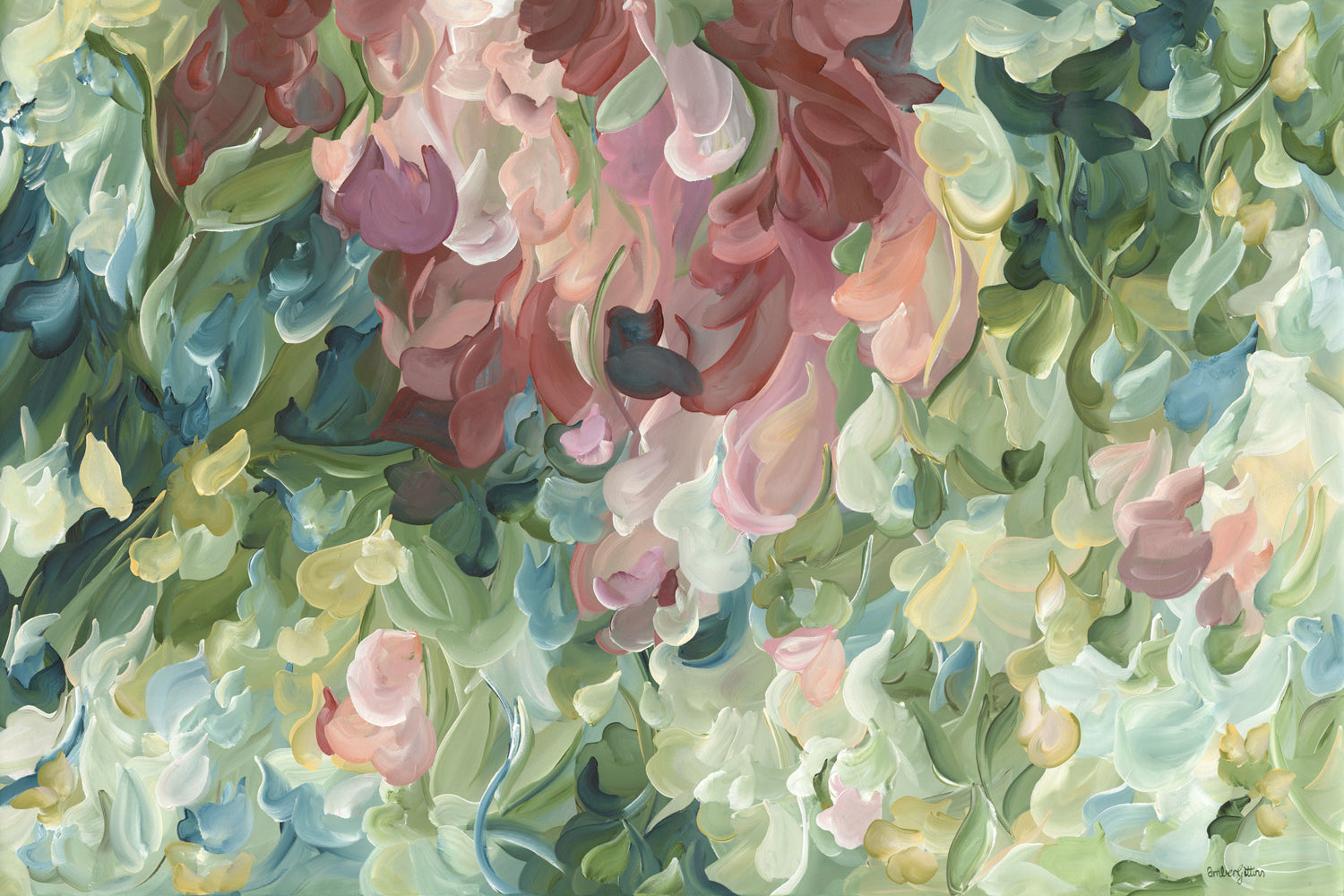 Modern impressionist abstract wall art print of organic round shapes layered like leaves and flower petals falling. Soft pastel green and pinks with pale yellow modern colour palette.