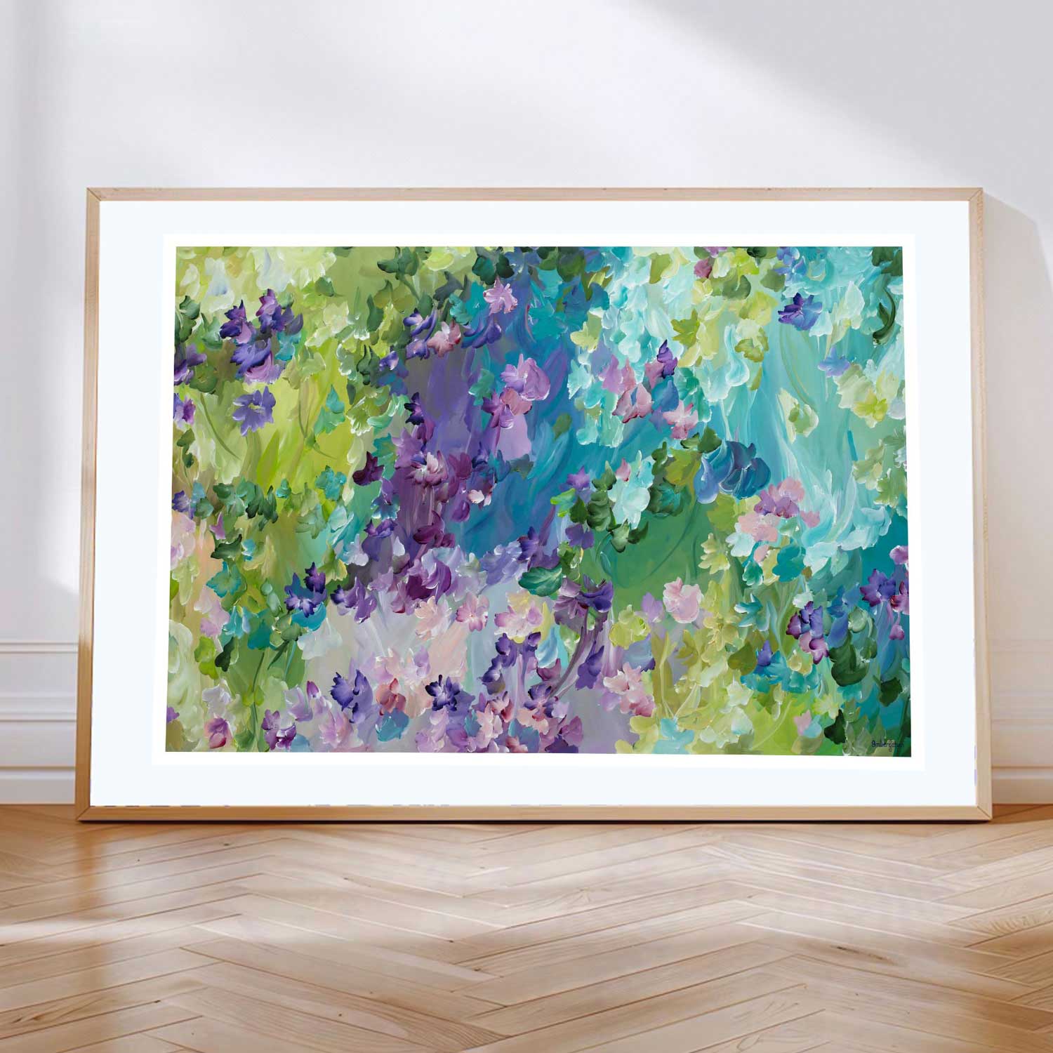 colourful abstract flower fine art print in a natural frame