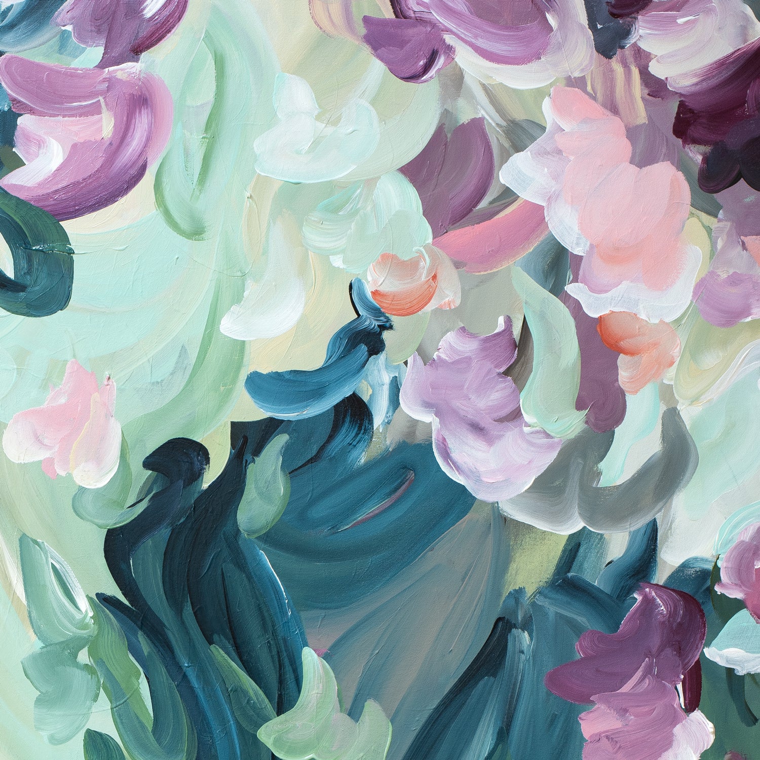 Modern abstract nature inspired canvas wall art print. Colourful print in spearmint, purple and green. Close up cropped section of the art print.