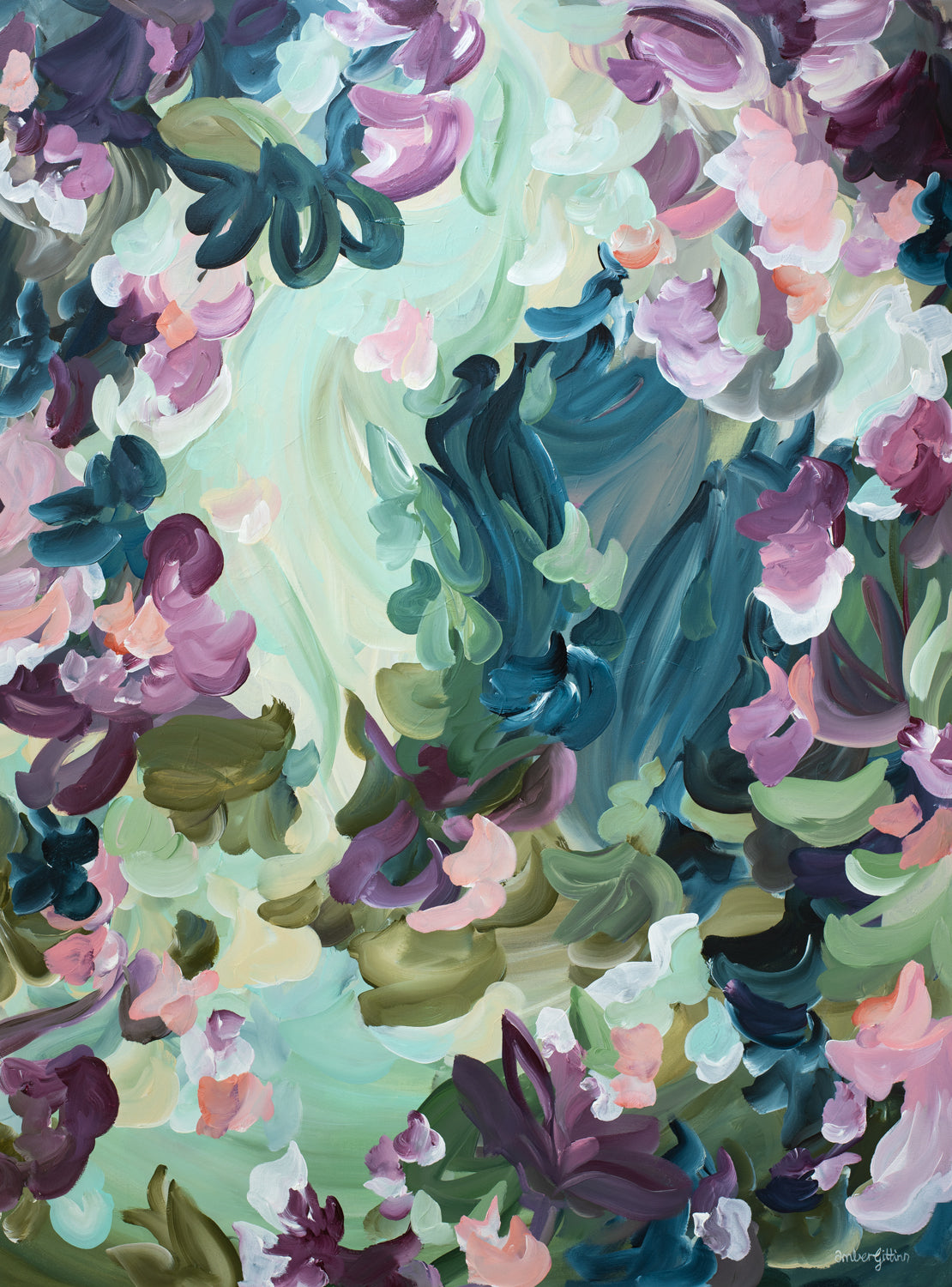 Modern abstract nature inspired canvas wall art print. Colourful print in spearmint, purple and green.