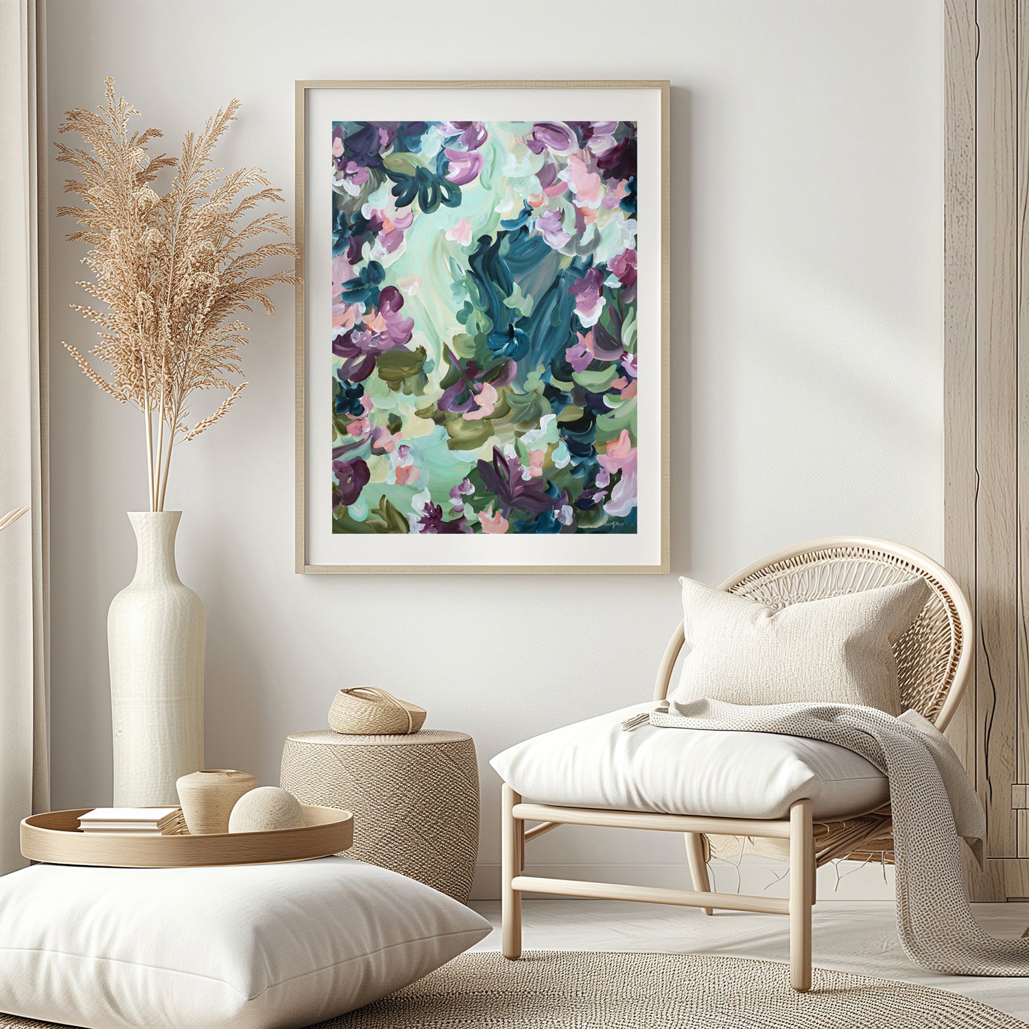 Modern fine art paper print of abstract colourful flowers in a modern living room