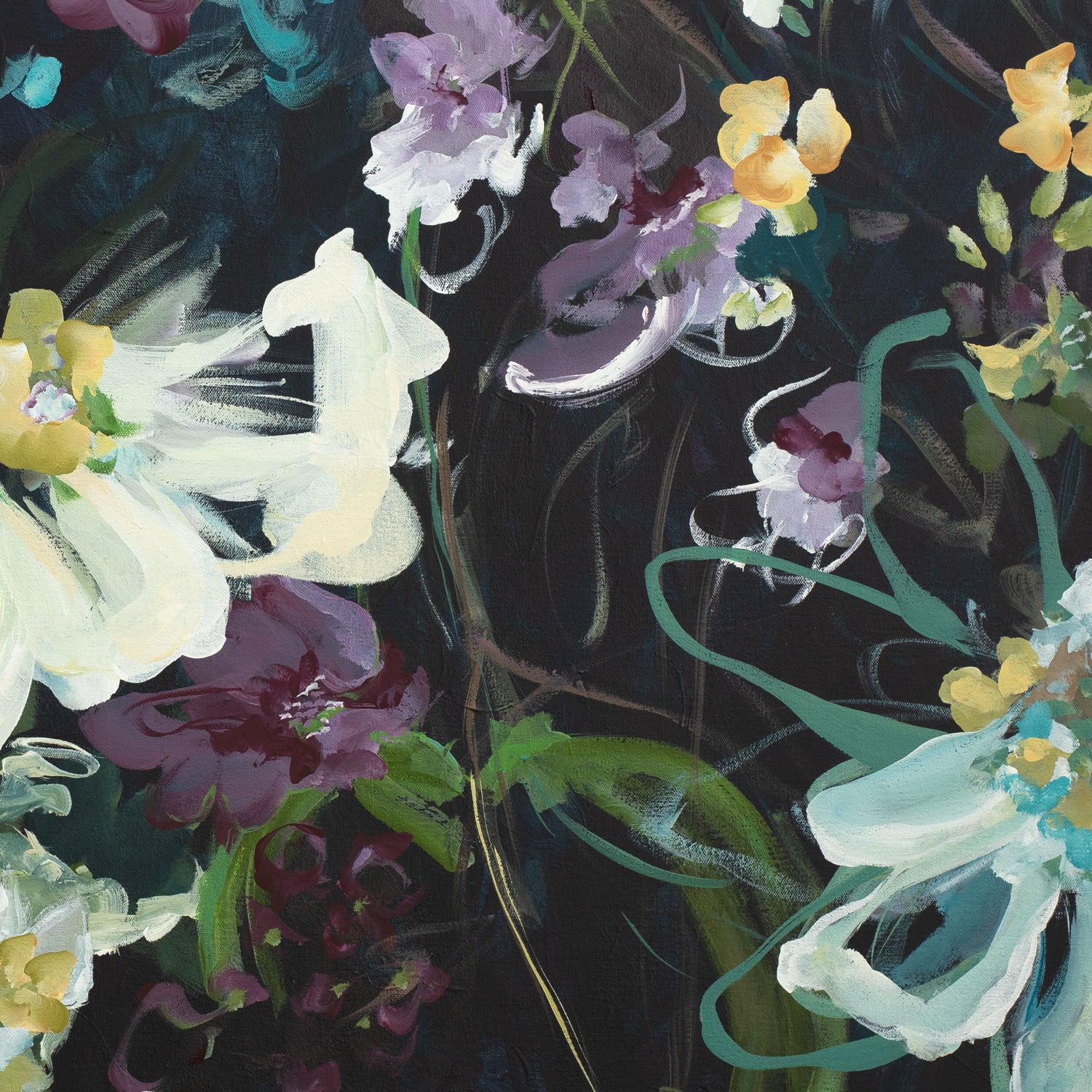 Dark modern abstract flower wall art print in black, blue and purple. Cropped section of print.