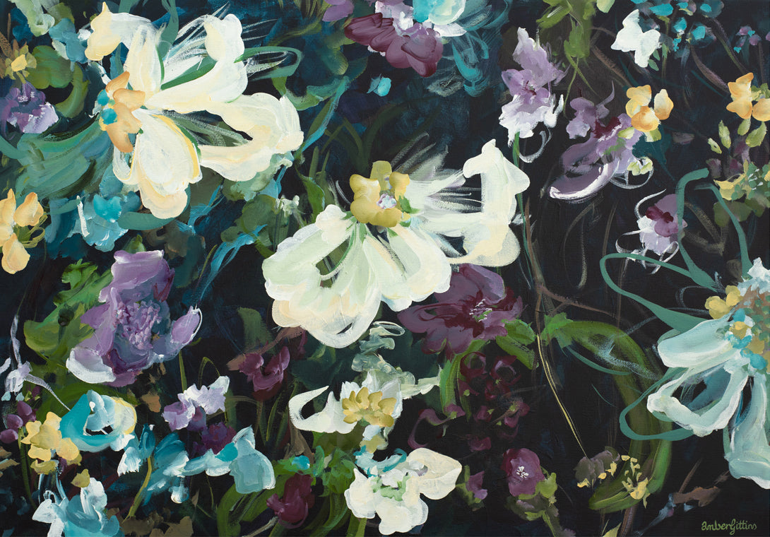 Dark modern abstract flower wall art print in black, blue and purple.