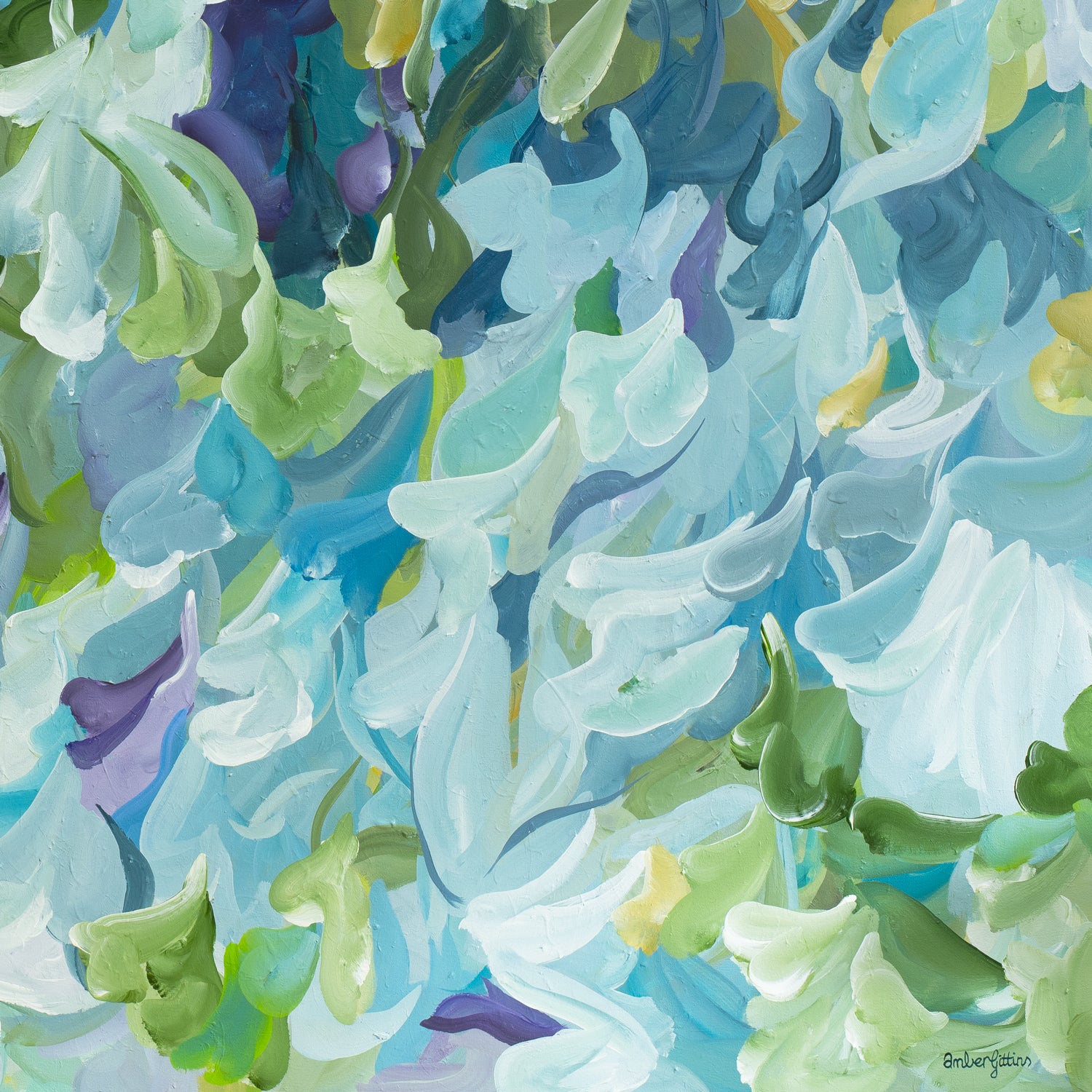 Modern blue, green and purple abstract impressionist wall art print in a minimal simple style. Falling petals and leaves in a garden. Close up cropped section of the fine art print.