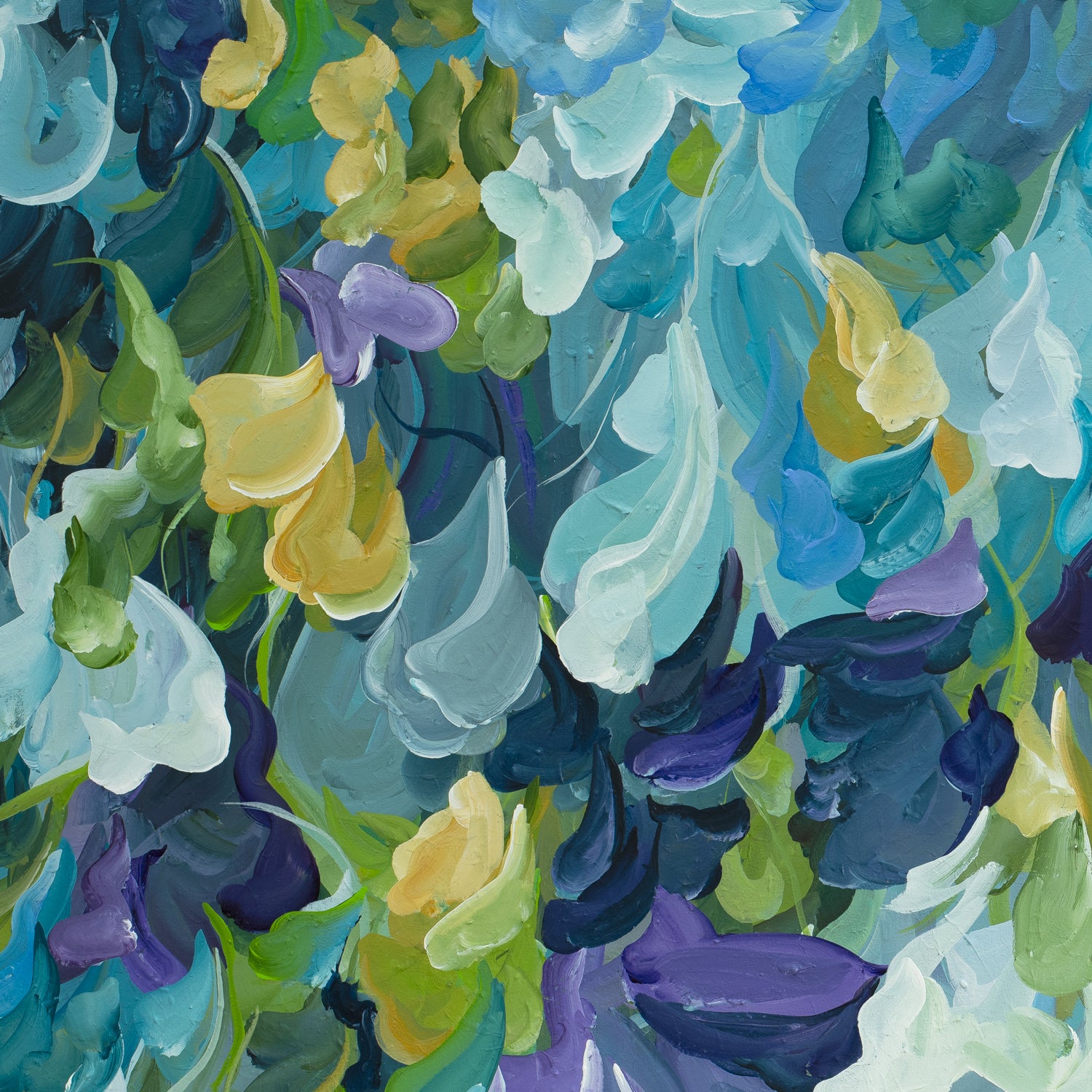 Modern blue, green and purple abstract impressionist wall art print in a minimal simple style. Falling petals and leaves in a garden. Close up cropped section of the fine art print.