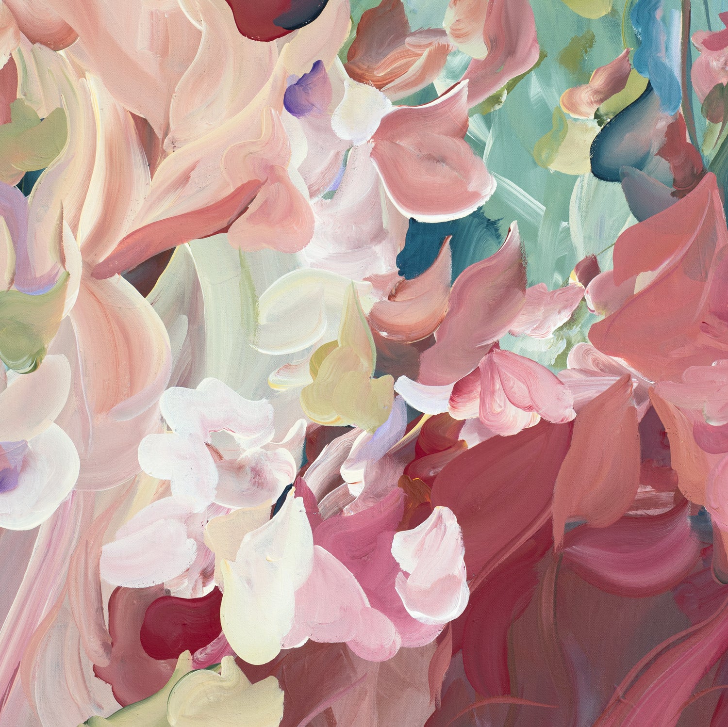 Pretty modern impressionist style abstract flower wall art print in pinks and greens. Close up cropped section.
